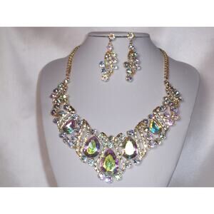 ab rhinestone necklace set, statement prom formal bridal drag queen necklace set